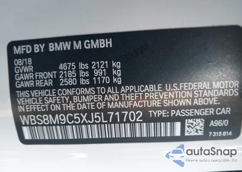 2018 BMW M3 z USA, uszkodzony, nr VIN WBS8M9C5XJ5L71702